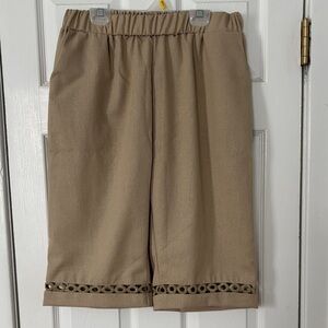 Khaki Linen Shorts with Eyelet Hem